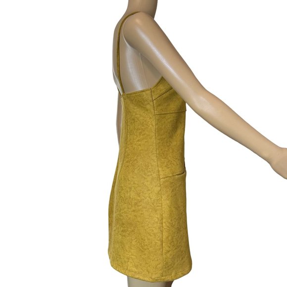 QA Shift Mini Dress Small S Yellow Sleeveless Pockets Velvet Stretch Slit Front - Picture 3 of 12